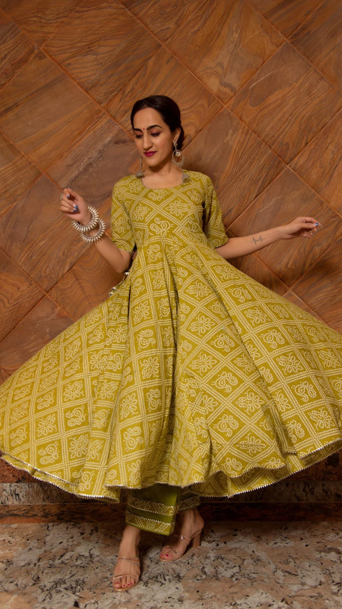 Pomcha Jaipur Bandhej Mehendi Green Cotton Anarkali Set